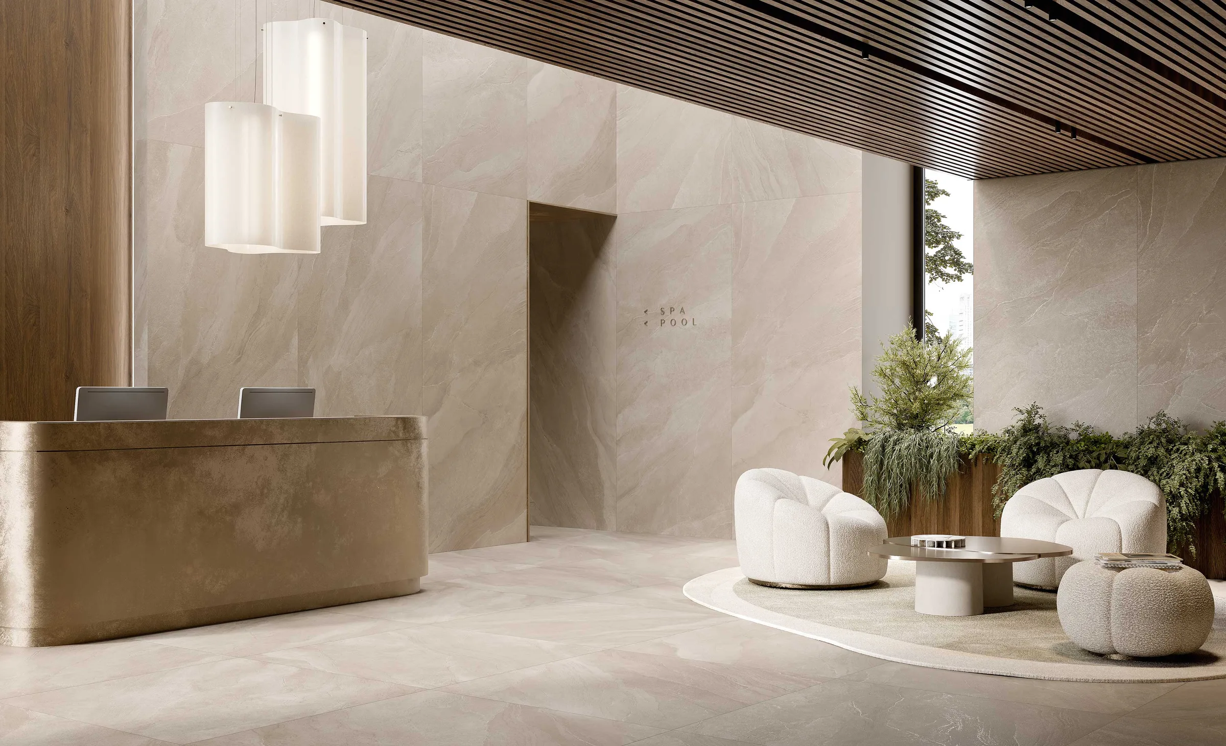 Hotellobby med naturstein
