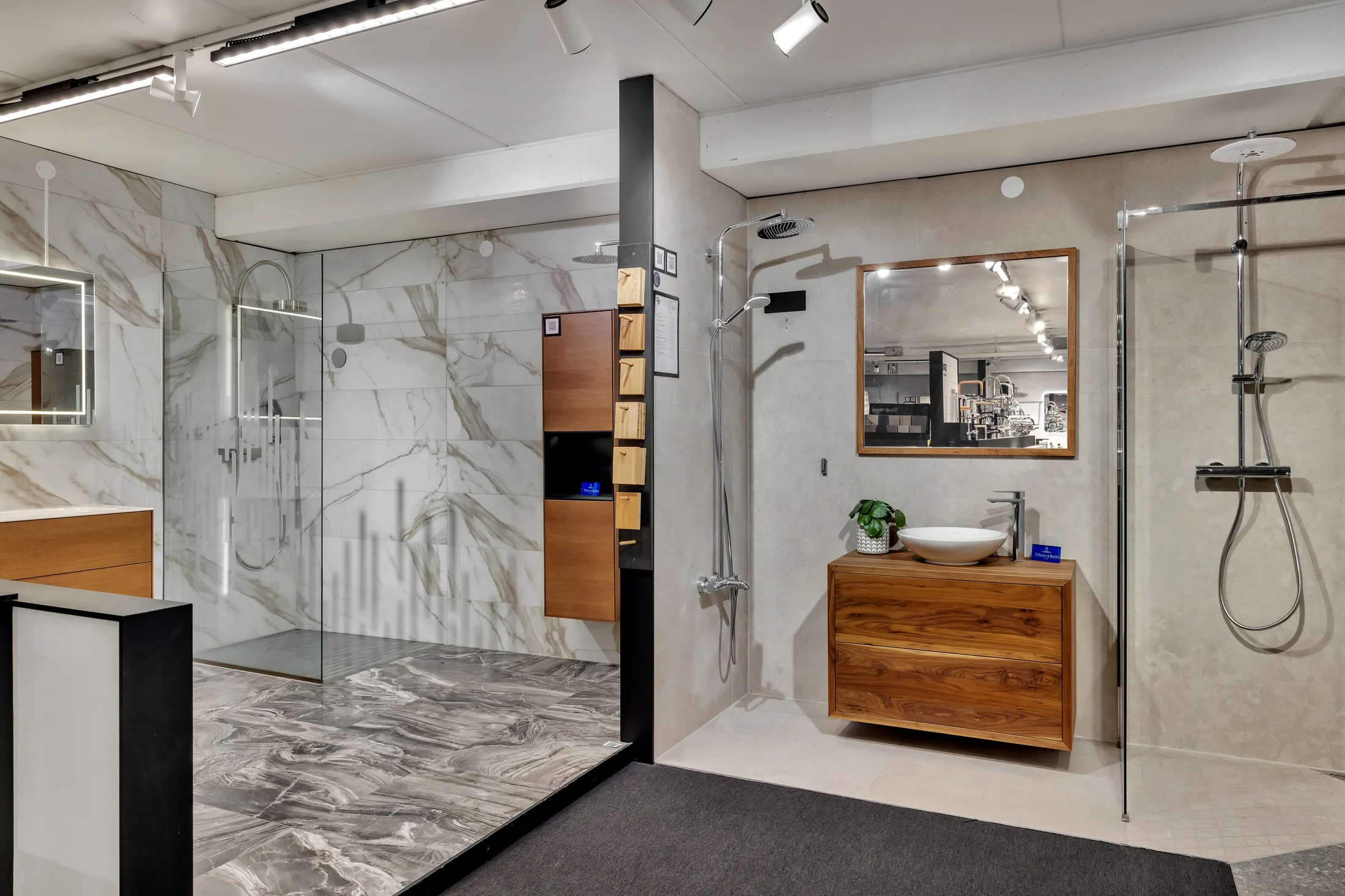 Marble-look shower and vanity in the showroom